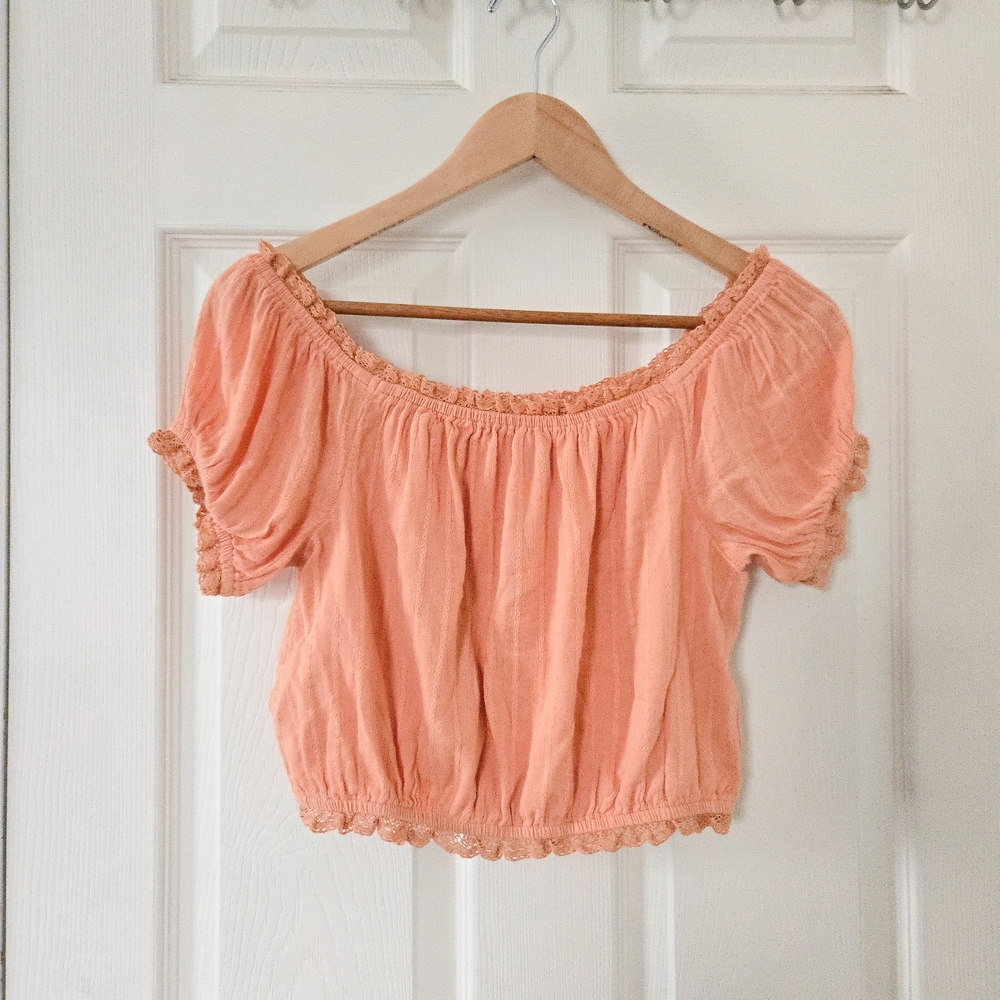 American Eagle Size S Top Bohemian Peasant Puff Sleeve Peach Summer Boho